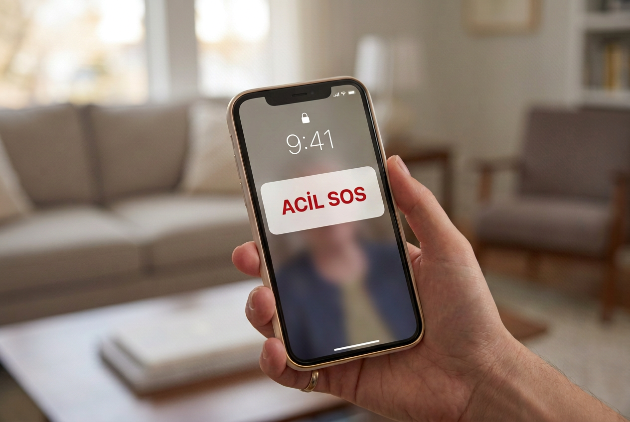 Telefon ekranında kırmızı ACİL SOS yazılı temsili bildirim