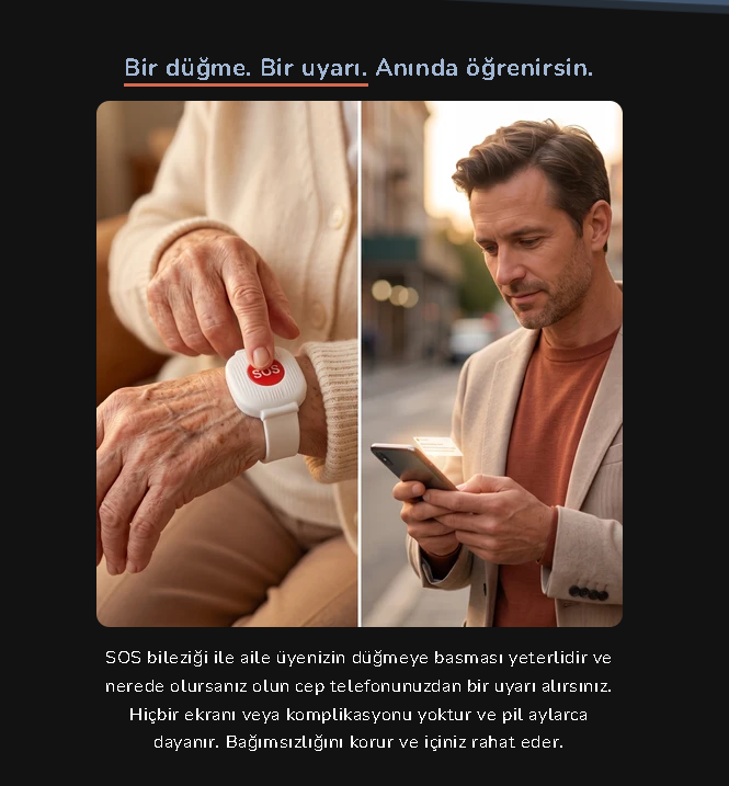 SOS düğmesine basan bir kişi ve telefonunu kontrol eden yakını